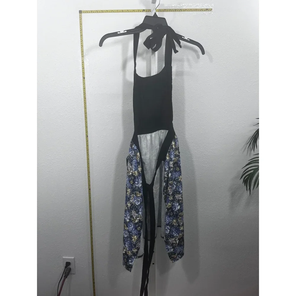 Queen of the Kitchen Floral Halter‎ Apron Black Blue Rose Pockets One Size
